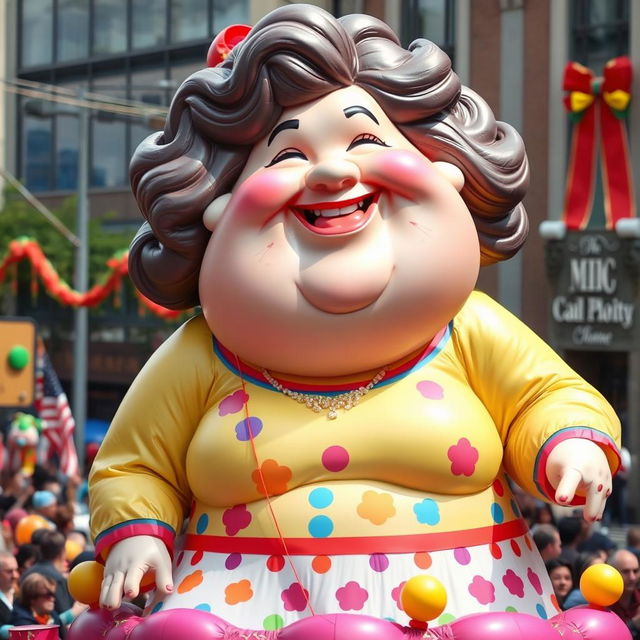 A playful and imaginative scene featuring an extremely obese white woman, humorously depicted as a colorful, oversized parade balloon