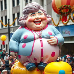 A playful and imaginative scene featuring an extremely obese white woman, humorously depicted as a colorful, oversized parade balloon