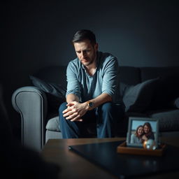 A poignant scene depicting a man sitting alone on a couch in a dimly lit living room, looking contemplative and unhappy