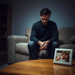 A poignant scene depicting a man sitting alone on a couch in a dimly lit living room, looking contemplative and unhappy