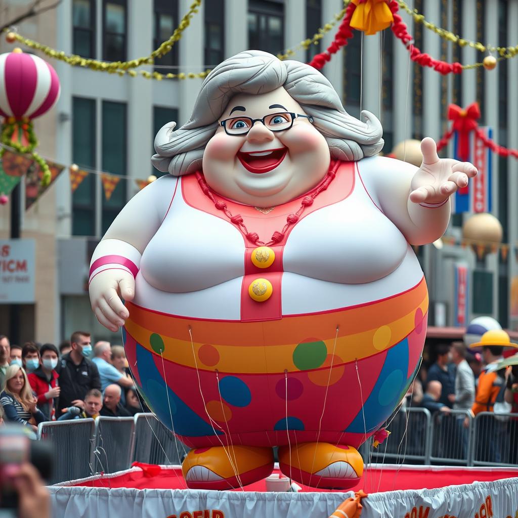 A playful and imaginative scene featuring an extremely obese white woman, humorously depicted as a colorful, oversized parade balloon