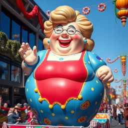 A playful and imaginative scene featuring an extremely obese white woman, humorously depicted as a colorful, oversized parade balloon