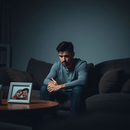 A poignant scene depicting a man sitting alone on a couch in a dimly lit living room, looking contemplative and unhappy