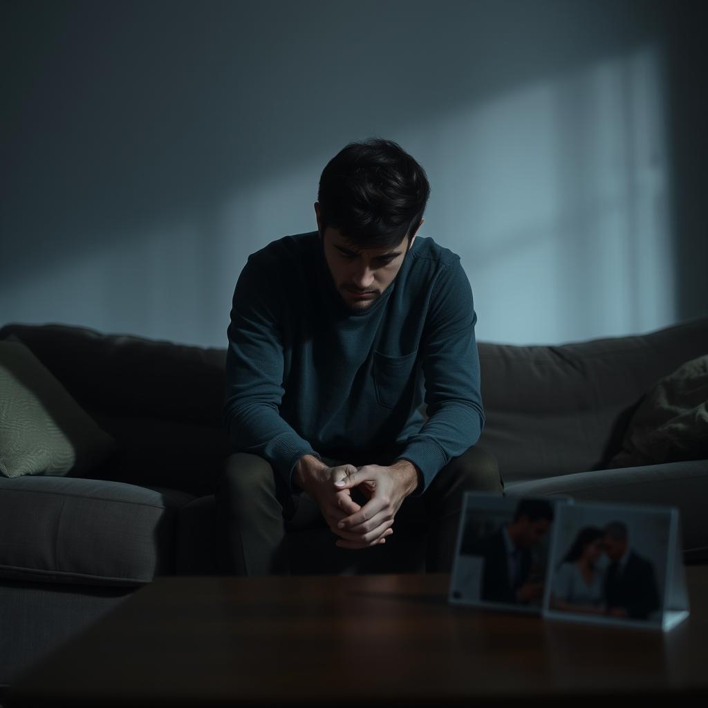 A poignant scene depicting a man sitting alone on a couch in a dimly lit living room, looking contemplative and unhappy