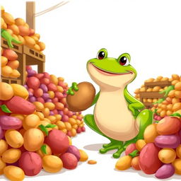A Disney-style illustration of a frog happily eating a potato in a potato storage warehouse