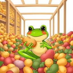 A Disney-style illustration of a frog happily eating a potato in a potato storage warehouse