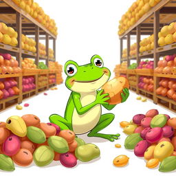 A Disney-style illustration of a frog happily eating a potato in a potato storage warehouse