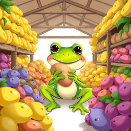 A Disney-style illustration of a frog happily eating a potato in a potato storage warehouse