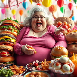 A whimsical and vibrant scene featuring an extremely obese white woman, joyfully indulging in a massive feast filled with giant-sized food items