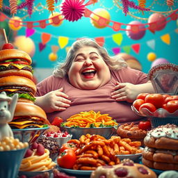 A whimsical and vibrant scene featuring an extremely obese white woman, joyfully indulging in a massive feast filled with giant-sized food items