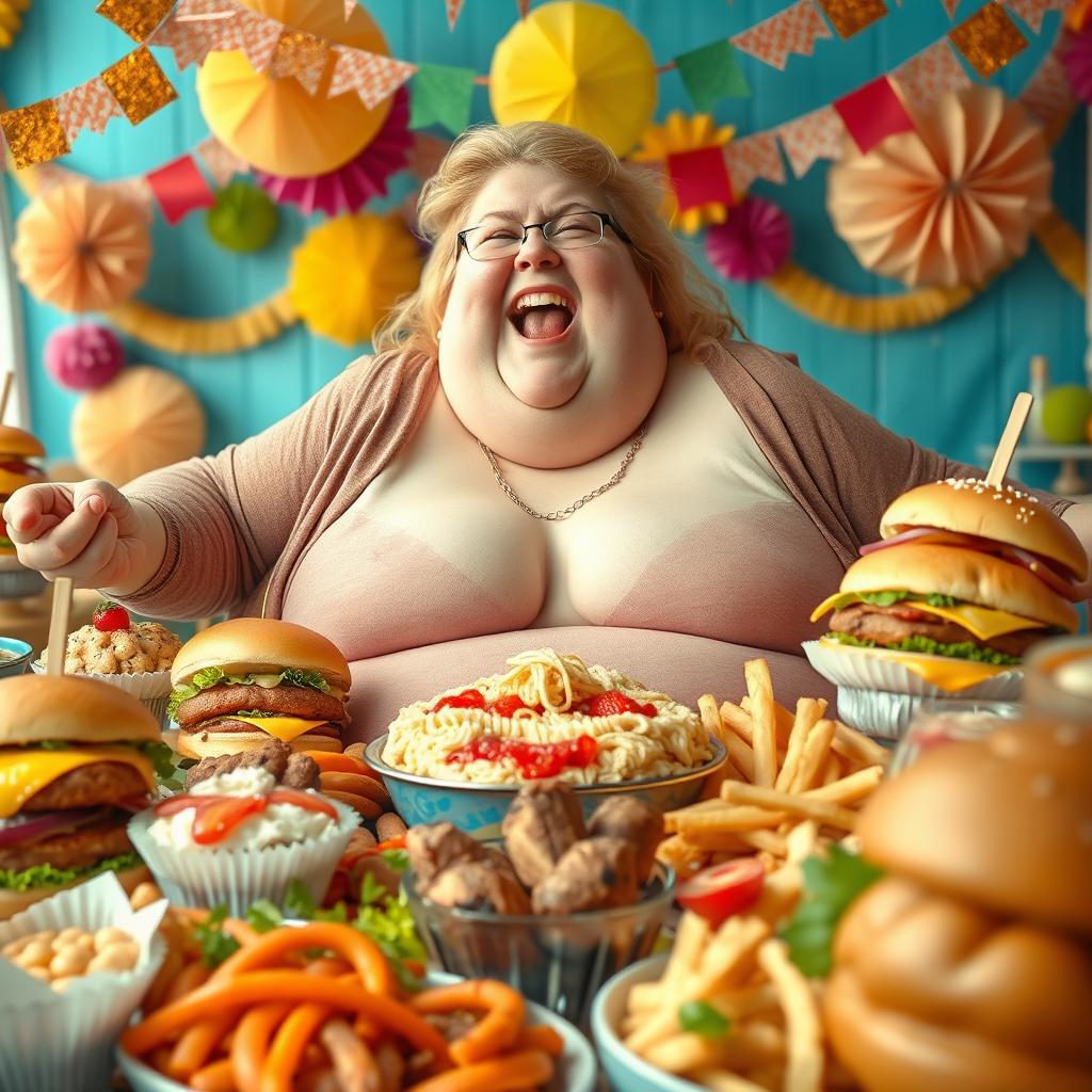 A whimsical and vibrant scene featuring an extremely obese white woman, joyfully indulging in a massive feast filled with giant-sized food items