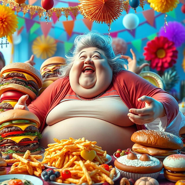 A whimsical and vibrant scene featuring an extremely obese white woman, joyfully indulging in a massive feast filled with giant-sized food items