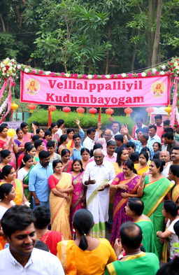 A vibrant scene depicting the traditional celebration of Vellappalliyil Kudumbayogam, featuring a large gathering of diverse people dressed in colorful ethnic attire, joyfully engaging in cultural activities such as music, dance, and traditional games