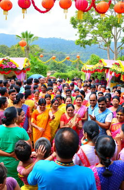 A vibrant scene depicting the traditional celebration of Vellappalliyil Kudumbayogam, featuring a large gathering of diverse people dressed in colorful ethnic attire, joyfully engaging in cultural activities such as music, dance, and traditional games