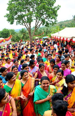 A vibrant scene depicting the traditional celebration of Vellappalliyil Kudumbayogam, featuring a large gathering of diverse people dressed in colorful ethnic attire, joyfully engaging in cultural activities such as music, dance, and traditional games