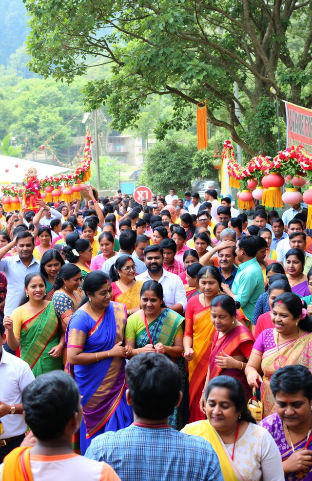 A vibrant scene depicting the traditional celebration of Vellappalliyil Kudumbayogam, featuring a large gathering of diverse people dressed in colorful ethnic attire, joyfully engaging in cultural activities such as music, dance, and traditional games