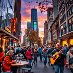 A bustling city street scene at dusk, with glowing neon signs illuminating the environment