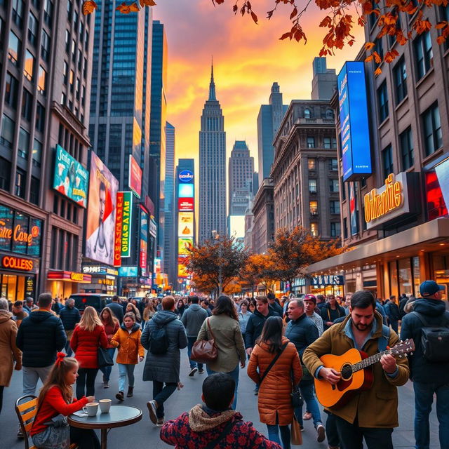 A bustling city street scene at dusk, with glowing neon signs illuminating the environment