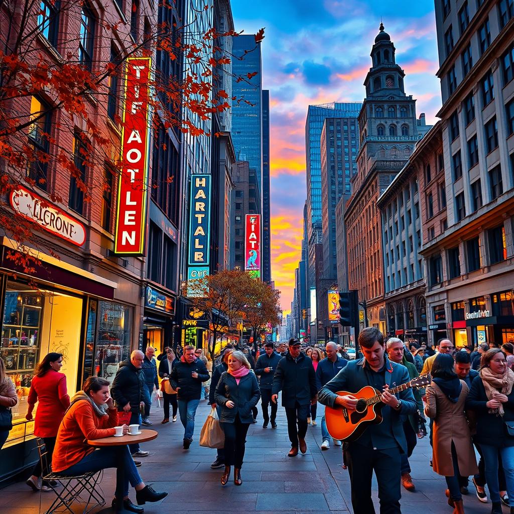 A bustling city street scene at dusk, with glowing neon signs illuminating the environment