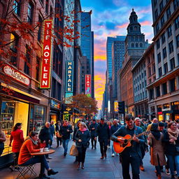 A bustling city street scene at dusk, with glowing neon signs illuminating the environment