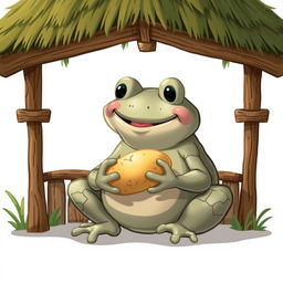 A Disney-style illustration of a stone frog happily eating a potato inside a cozy hut