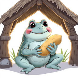 A Disney-style illustration of a stone frog happily eating a potato inside a cozy hut