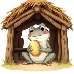A Disney-style illustration of a stone frog happily eating a potato inside a cozy hut