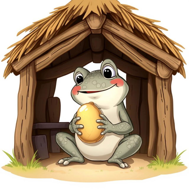 A Disney-style illustration of a stone frog happily eating a potato inside a cozy hut