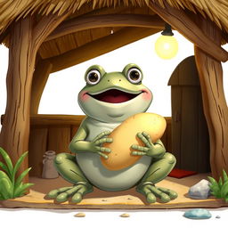 A Disney-style illustration of a stone frog happily eating a potato inside a cozy hut