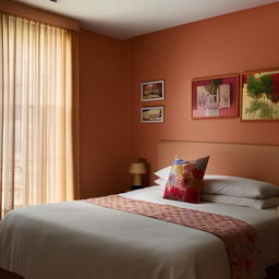 An inviting Airbnb room bearing a bed, side table, walls painted with a relaxing color, good lighting, wall photos and a welcoming color theme