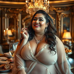 A glamorous and confident chubby rich white woman in an opulent setting, surrounded by luxurious items symbolizing wealth