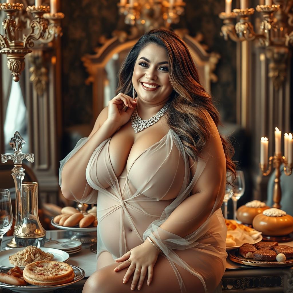 A glamorous and confident chubby rich white woman in an opulent setting, surrounded by luxurious items symbolizing wealth