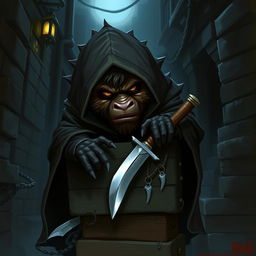 A bugbear rogue character depicted in a dark, mysterious fantasy setting