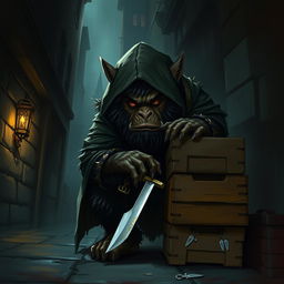 A bugbear rogue character depicted in a dark, mysterious fantasy setting