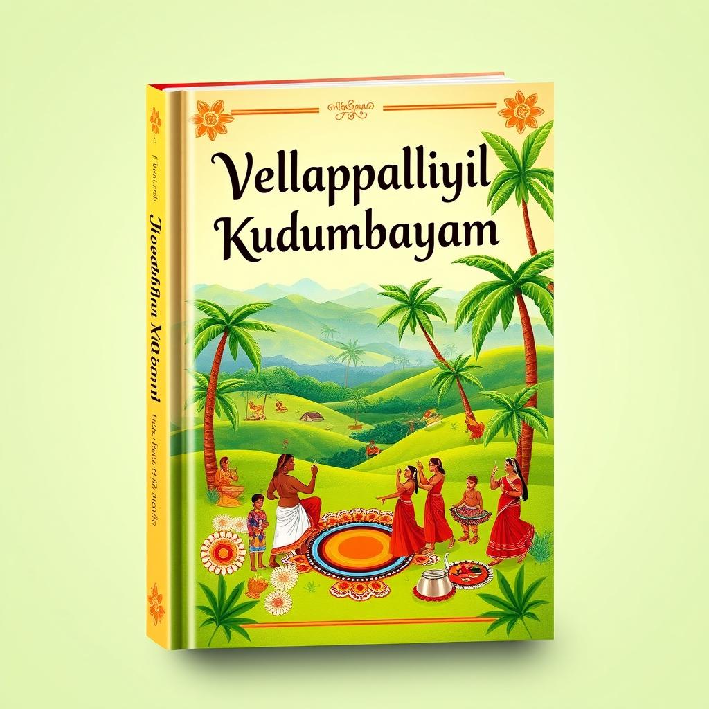 A beautiful book cover design for 'Vellappalliyil Kudumbayogam' in Malayalam, featuring a rich and vibrant illustration that reflects the cultural heritage of Kerala