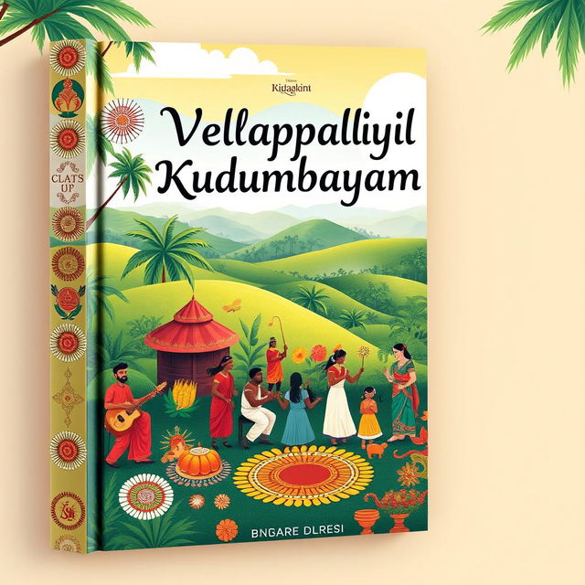 A beautiful book cover design for 'Vellappalliyil Kudumbayogam' in Malayalam, featuring a rich and vibrant illustration that reflects the cultural heritage of Kerala