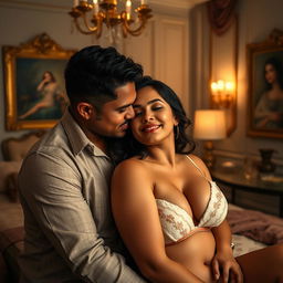 A sensual and intimate scene featuring a curvaceous chubby rich white woman in an elegant and luxurious bedroom, surrounded by opulent decor