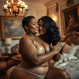 A sensual and intimate scene featuring a curvaceous chubby rich white woman in an elegant and luxurious bedroom, surrounded by opulent decor
