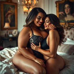 A sensual and intimate scene featuring a curvaceous chubby rich white woman in an elegant and luxurious bedroom, surrounded by opulent decor