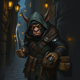 A bugbear rogue character depicted in a dark, shadowy fantasy setting