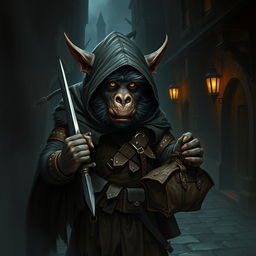 A bugbear rogue character depicted in a dark, shadowy fantasy setting