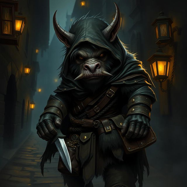 A bugbear rogue character depicted in a dark, shadowy fantasy setting