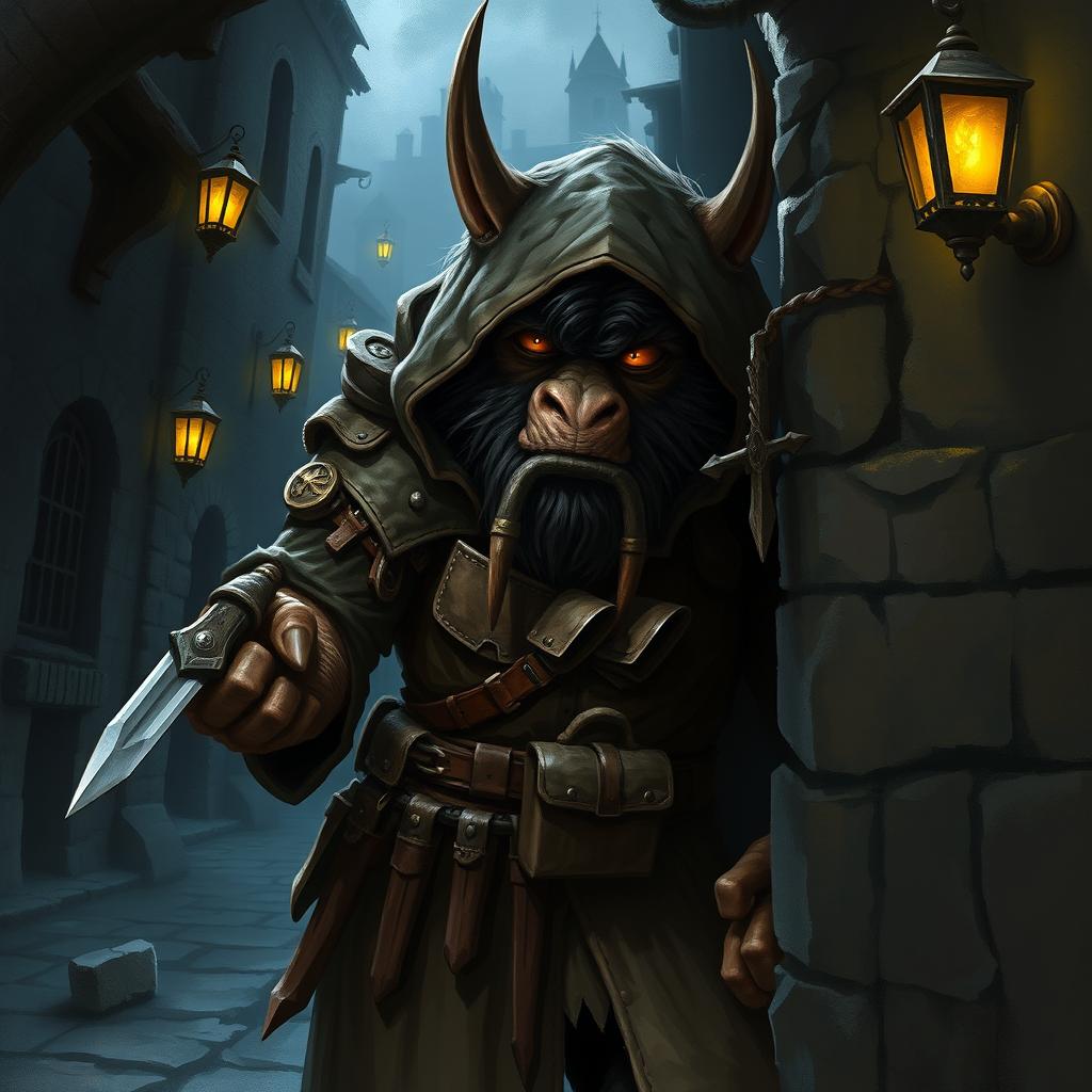 A bugbear rogue character depicted in a dark, shadowy fantasy setting