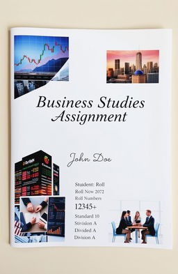 A neatly organized business studies assignment layout, featuring vibrant business-themed pictures such as a stock market graph, a bustling city skyline, and images of professionals in a meeting