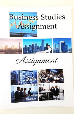 A neatly organized business studies assignment layout, featuring vibrant business-themed pictures such as a stock market graph, a bustling city skyline, and images of professionals in a meeting