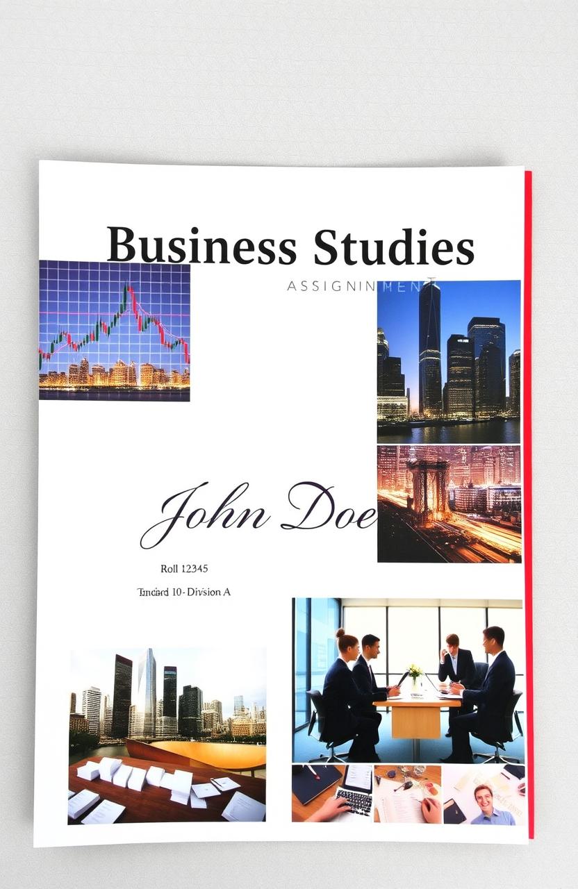 A neatly organized business studies assignment layout, featuring vibrant business-themed pictures such as a stock market graph, a bustling city skyline, and images of professionals in a meeting