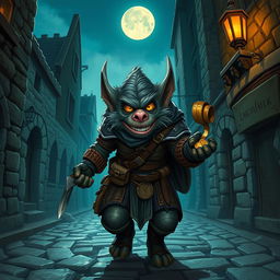 A bugbear rogue character illustrated in a vibrant fantasy setting, characterized by its grayish fur, menacing yellow eyes, and large pointed ears
