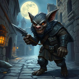 A bugbear rogue character illustrated in a vibrant fantasy setting, characterized by its grayish fur, menacing yellow eyes, and large pointed ears