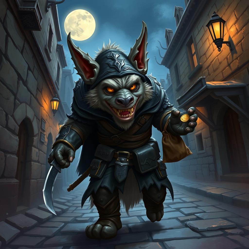 A bugbear rogue character illustrated in a vibrant fantasy setting, characterized by its grayish fur, menacing yellow eyes, and large pointed ears