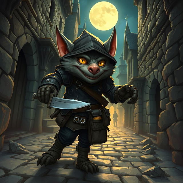 A bugbear rogue character illustrated in a vibrant fantasy setting, characterized by its grayish fur, menacing yellow eyes, and large pointed ears